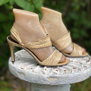 70s sz 6.5 HALSTON python sandals high heels  / vintage 1970s 80s neutral beige strappy disco heels pumps shoes 36.5 