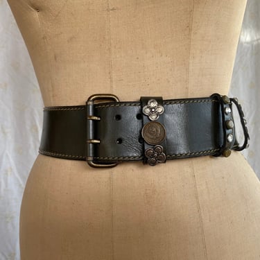 Vintage Leather Coin Belt / 28-30.5" Waist Coin Studs Rhinestones Belt / Designer Statement Wide Leather Belt / Luxe Eighties High Fashion 