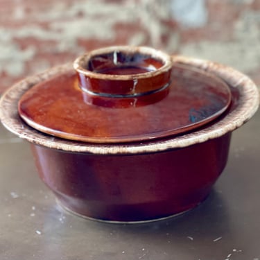 Mid Century Hull Brown Drip Glaze Cassarole Bowl with Lid | Hull Crestone Oven Safe Bowl | MCM Brown Drip Pottery | Hull USA Cookware 