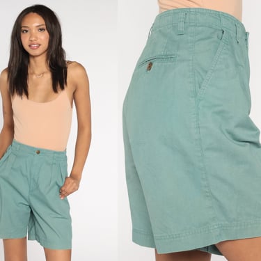 90s Pleated Trouser Shorts Green Cotton Preppy Shorts High Waisted Retro Trouser Bottoms High Waist Vintage Mom 1990s Extra Small xs 2 