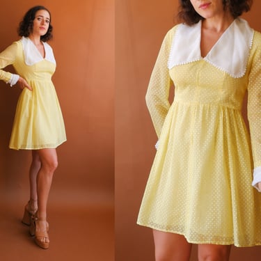Vintage 70s Yellow Swiss Dot Mini Dress/1970s Long Sleeve Spring Dress/ Size Small 