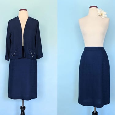 Vintage 1940s Navy Skirt Suit, 40s Linen Pencil Skirt And Jacket Set 