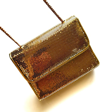 Vintage 70s 80s Whiting and Davis Disco Glam Bag Metallic Mesh Shoulder Purse Gold Glam Crossbody 