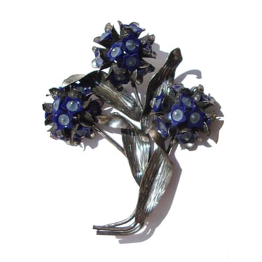 Vintage 50s Lidz Bros Flower Brooch Blue Bouquet Pin 