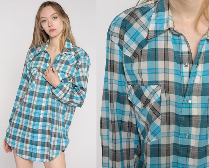 Pearl Snap Shirt 80s Western Plaid Top Western Shirt White Blue Cotton Vintage Hipster Checkered Button Up Yoke Men's Large L 