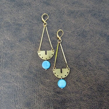 Blue mother of pearl shell and brass earrings 