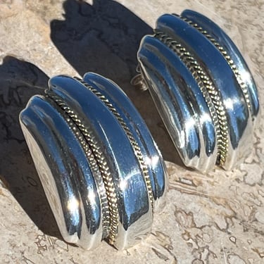 Vintage Mexico Sterling Silver Large Post Earrings with Braided Brass Highlights 