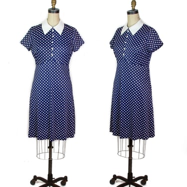 1960s Dress ~ Blue Mod White Polka Dot Mod Scooter Dress With Collar 