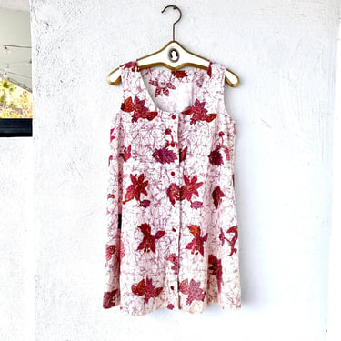 Vintage 70s Butterfly Passion Flower Hippie Boho Batik Short Dress // Pink White Button Up Earthy Floral Tunic Coverup 