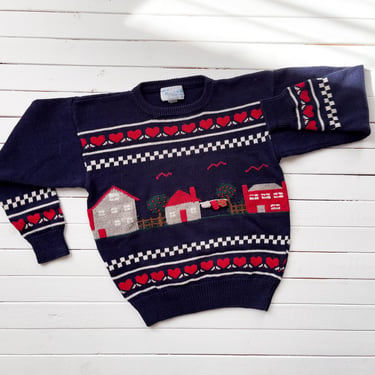 cute cottagecore sweater 80s vintage Dean's of Scotland navy blue house country heart sweater 