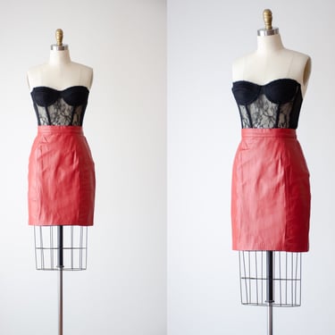 red leather mini skirt | 80s 90s vintage short tight leather skirt 