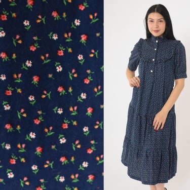 70s Calico Floral Dress A-Line Midi Tent Dress Puff Sleeve Navy Blue Bib Retro Prairie Boho Summer Tiered Button Up Vintage 1970s Small 