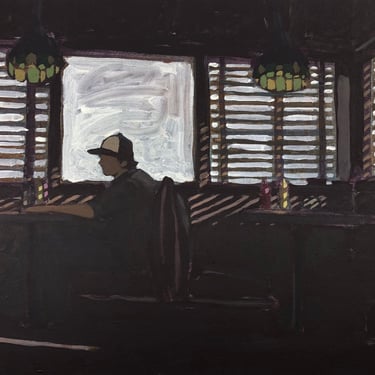 Man in Diner - Original Acrylic Painting on Canvas 20 x 16, cafe, michael van, interior, gallery wall, modern, dark, architecture 