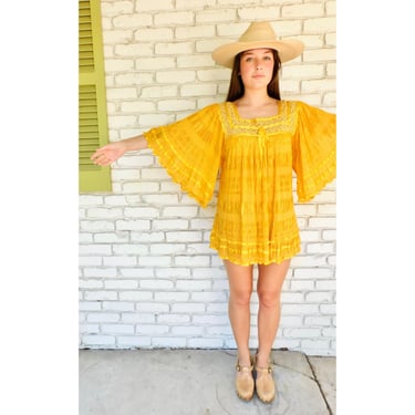 Mexican Rayon Gauze Mini Dress // vintage 70s yellow crochet tunic boho hippie hippy 1970s blouse swimsuit cover bathing suit // O/S 