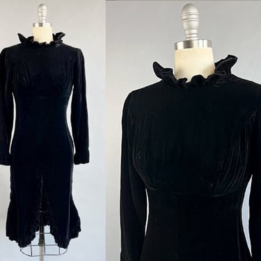 1960s Velvet Dress / 60s Velvet Cocktail Dress with Ruffled Sleeves and Cutaway Hemline / Size Small Size Extra Small 