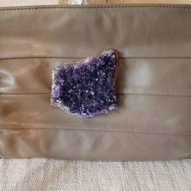 Tan leather clutch purse with large amethyst crystal and sculptured art by Amanda Alarcon-Hunter for Minx and Onyx Vintage 