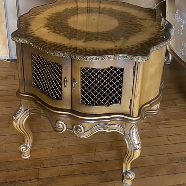 Glass Top Wavy Edged Gold Side Table w Two Doors