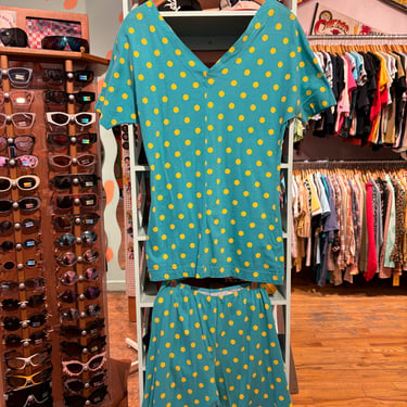 Vintage Benetton 80s Teal and Yellow Polka Dot Two Piece Shorts and T shirt Set  1980s Summer Outfit 