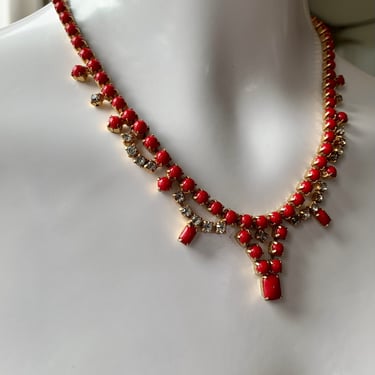 1950's Rhinestone Necklace - Unusual with Red Glass & Clear Stones - All Prong Set - 16-1/2 Inch Choker Length 
