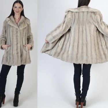 Silver Mink Winter Coat, Grey Fur Back Collar Jacket, 70s Real Wedding Overcoat 