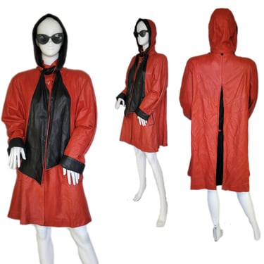 1980's Red Black Hooded Leather Swing Coat I Lrg I Empire by Black Box 