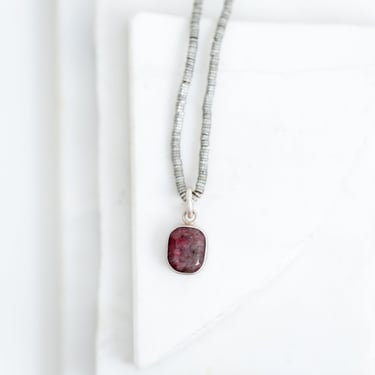 Silver Tone Trade Beads Necklace with Ruby Pendant