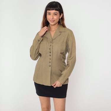 Vintage Tan Utility Jacket 90s Button Up Front Fitted Blazer Military Workwear Long Sleeve Collared Pockets 1990s Minimalist Safari Medium M 