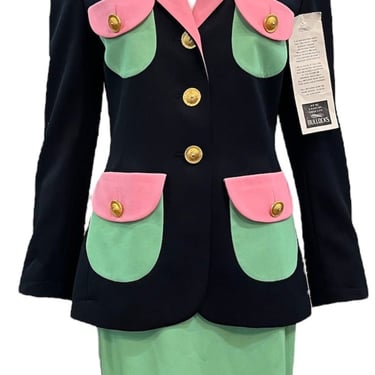 Escada 90s Whimsical Black and Pastel Color Block Skirt Suit