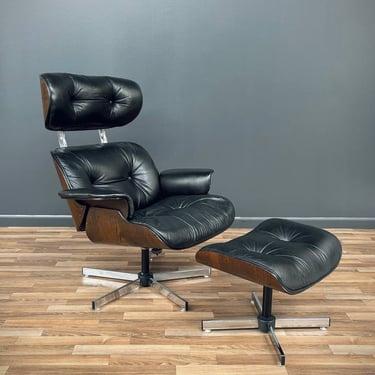 Mid-Century Modern Black Leather Lounge Chair with Ottoman by Plycraft, c.1960’s 