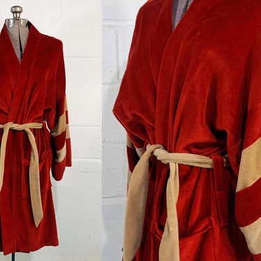 Vintage Robe Velvet Open Front Kimono Sleeve Pajamas Montgomery Ward Men’s Unisex Housecoat Belted Pockets Unisex Oversized Brown 2XL 3XL 4X 