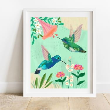 Hummingbirds With Florals Art Print/ 8 X 10 Birds and Botanicals Illustration/ Chinoiserie Inspired Home Decor 