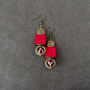 Wooden earrings, small agate earrings, ethnic dangle earrings, mid century modern earrings, antique bronze earrings, unique earrings, red 