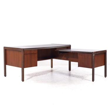 Kimball Style Mid Century Walnut and Leather Desk with Return - mcm 