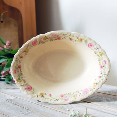Vintage floral oval bowl  / vintage pink & yellow floral transferware dish / TST china / Taylor Smith Taylor dish / shabby chic 