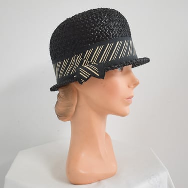 1960s Black Straw Hat with Striped Band 