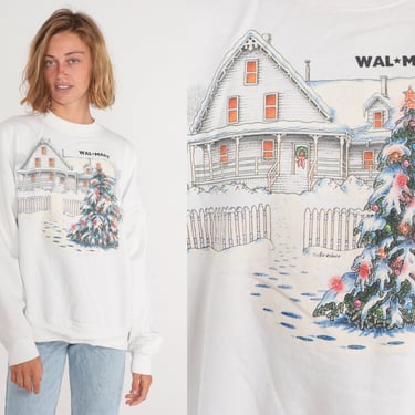 Walmart Christmas Sweatshirt 90s Sweater Snowy Cabin Tree Snow Graphic Shirt Holiday Ski Pullover Crewneck White Retro Vintage 1990s XL 
