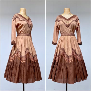 Vintage 1950s Southwestern Patio Top & Circle Skirt Set, Two-Tone Brown Cotton Crepe Rockabilly Outfit w/Scalloped Metallic Trim, Small 