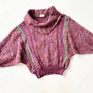 1980s Purple + Green Bouclé Knit Cowl Neck Sweater 