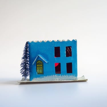 Vintage Putz House, Blue Cardboard Mica House, Christmas Village House made in Japan 