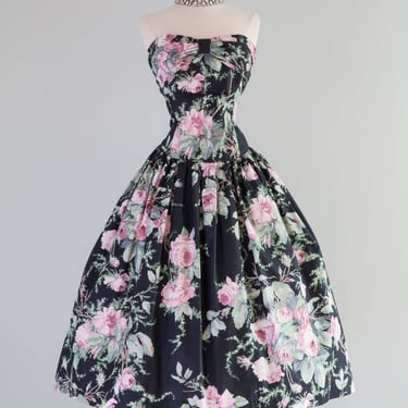 Dreamy 1980's Bucolic Rose Floral Print Cotton Party Dress / Waist 30"