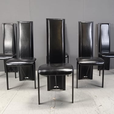 Vintage black leather high back dining chairs, set of 6, 1980s - vintage italian dining chairs - high back dining chairs 