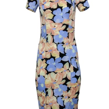 Suno - Blue & Peach Pastel Floral Print Silk Midi Fitted Sheath Dress Sz 4