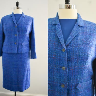 1950s/60s Blue Boucle Wool Tweed Skirt Suit and Blouse 