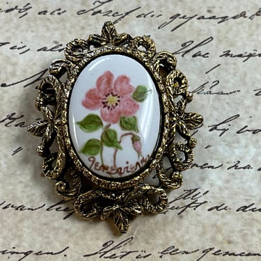 painted flower cameo necklace vintage pink and white floral brooch pendant 