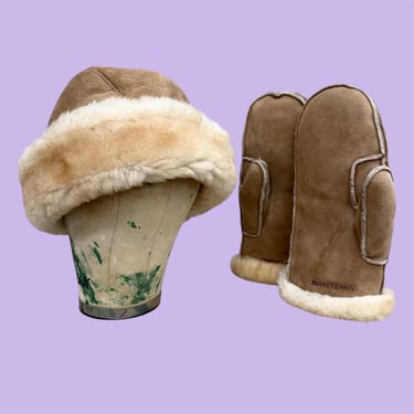 Vintage Minnetonka Hat and Glove Set Retro 2000s Genuine Leather + Sheepskin + Shearling + Light Tan + Size Medium + Womens Accessories 