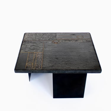 Belgian Coffee Table Black Belgian Slate Bronze Inlays Attributed Paul Kingma