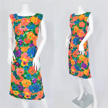Volup 1960's Bright Colorful Cotton Floral Print Dress I Sz Lrg I Sydney Honolulu 