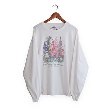 vintage flower shirt / 90s long sleeve / 1990s flower print gardens long sleeve white cotton t shirt XL 