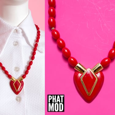 Vintage 70s 80s Red Abstract Heart Beaded Necklace 