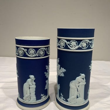 2 Antique Wedgwood England Cobalt Jasperware Blue & White Vase, french cottage decor, neoclassical decor, milk pitcher, blue shelf decor 